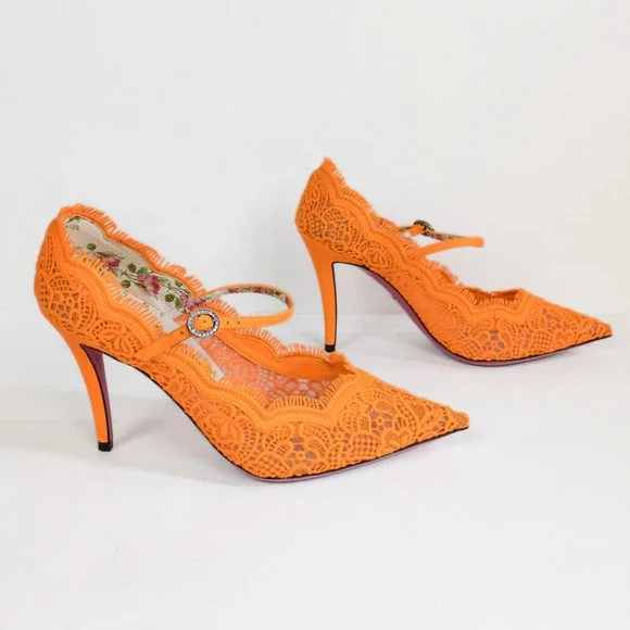GUCCI Orange Virginia 95 mm Lace Pumps Mary Jane Pointed Toe Women's EU 37 US 7 - Picture 4 of 11